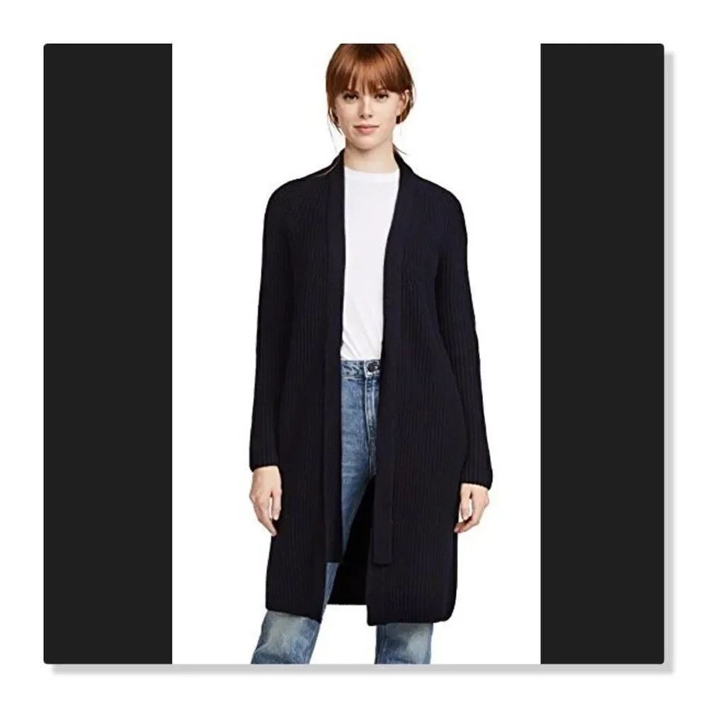 VINCE: Rib Knit Wool Blend Tie Front Cardigan - size XS in Navy Blue